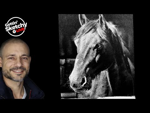 Drawing a Horse with White Charcoal on Black Paper -...
