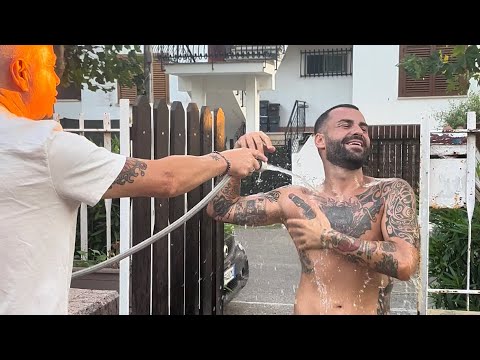 My dad hoses me down outside the house because I'm full of sand 😂