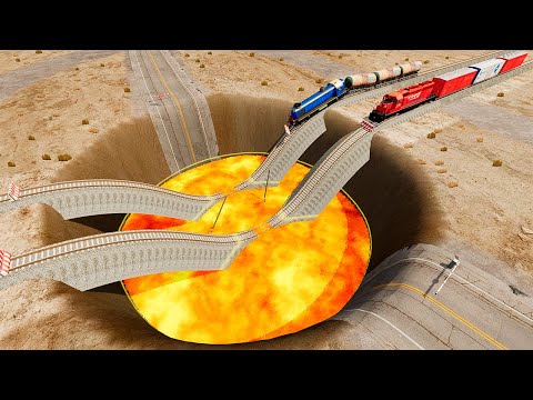 Trains vs Giant Lava Crater #2 - BeamNG.Drive