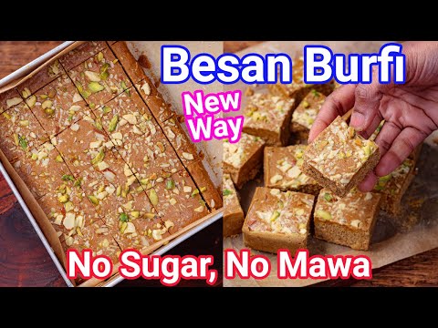 Besan Barfi - New Way without Sugar & Mawa | Fail Froof Crunchy Besan Burfi Recipe with Jaggery