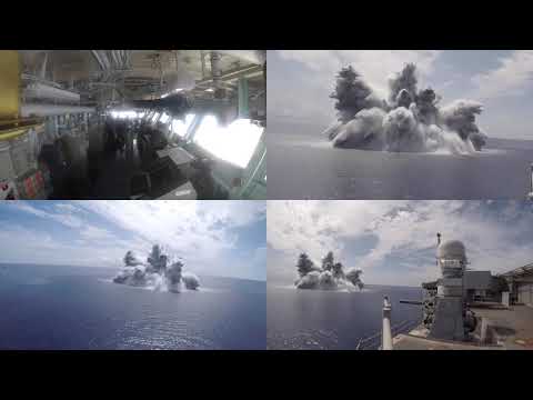 Cuatro vistas de las pruebas de choque a bordo del USS Gerald R. Ford CVN-78