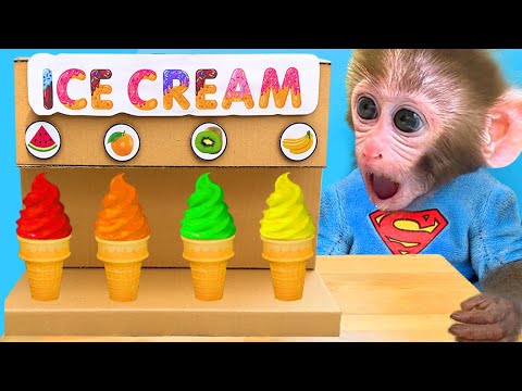 Monkey Baby Bon Bon doing shopping in Toy store and eats ice cream rainbow with puppy the pool
