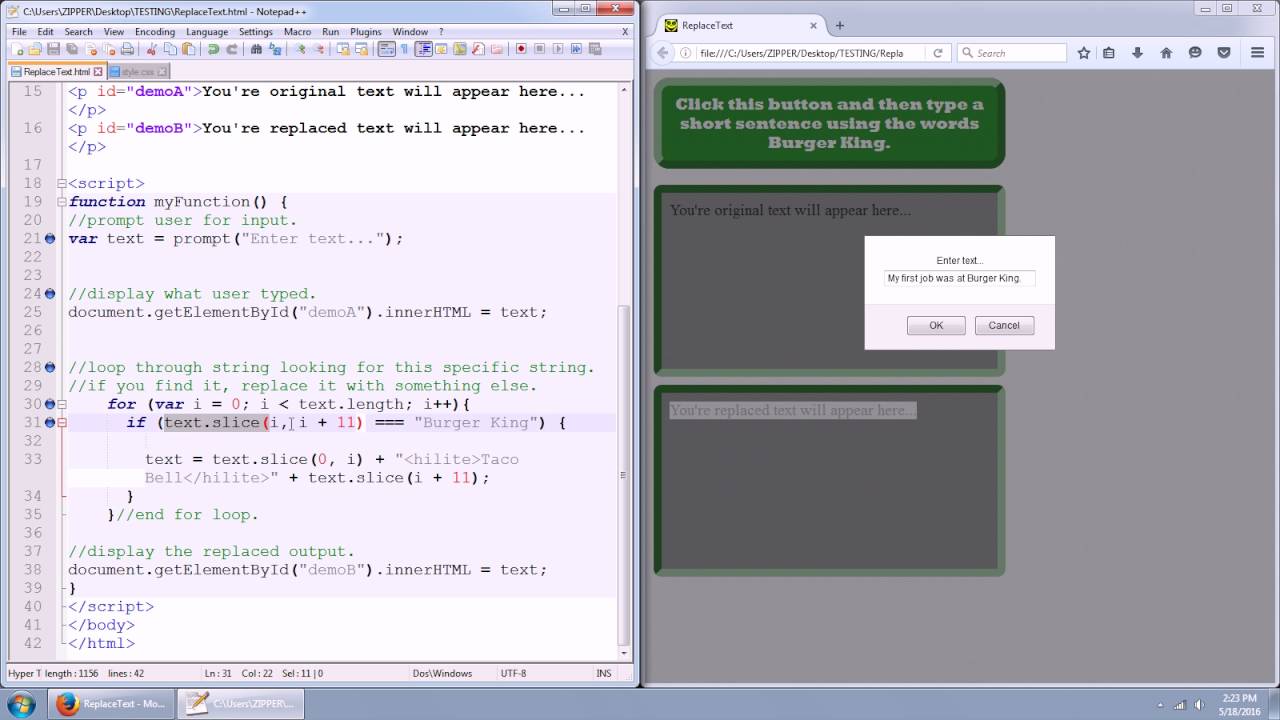Find And Replace - HTML, CSS, JavaScript