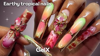 Earthy GelX Nails🪲🌺🌿✨ Tropical nail art + how to apply gel x nails 🦜Spring nails