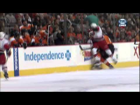 Tim Wallace boarding match penalty on Tye McGinn Feb 9 2013 Carolina Hurricanes  Philadelphia Flyers