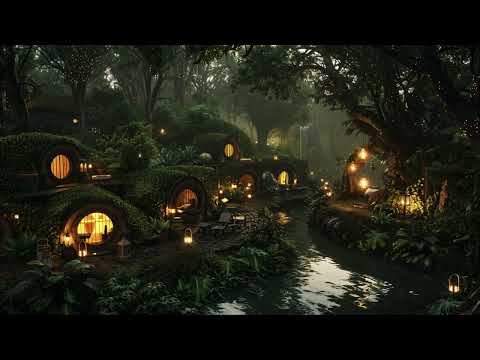 Hobbit Village Ambience🌙Night Time In The Shire, Calming Nature Sounds, Occasional Rain, Wind Chimes