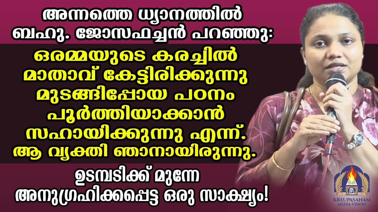 അന്നത്തെ ധ്യാനത്തിൽ ബഹു. ജോസഫച്ചൻ പറഞ്ഞു: ഒരമ്മയുടെ കരച്ചിൽ മാതാവ് കേട്ടിരിക്കുന്നു മുടങ്ങിപ്പോയ പഠന