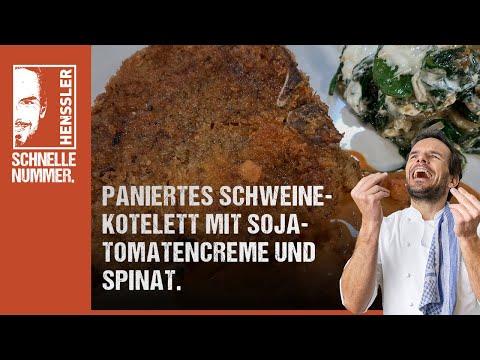 Schnelles Paniertes Schweinekotelett mit Soja-Tomatencreme und Spinat Rezept von Steffen Henssler