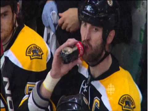 Zdeno Chara drinking Coca-Cola during Eastern Quarter Finals of the 2011 NHL Playoffs 4/27/11