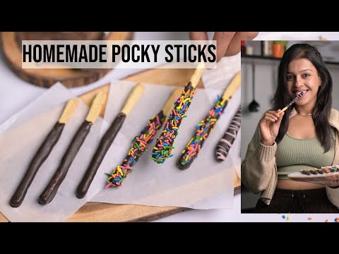 Copycat POCKY STICKS | Homemade Pocky - cookie sticks dipped in chocolate | Eggless