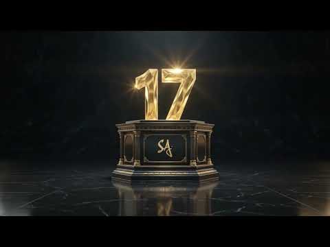 SA Gaming 17th anniversary animation with casino elements flying through a futuristic neon tunnel and a glowing golden number 17.