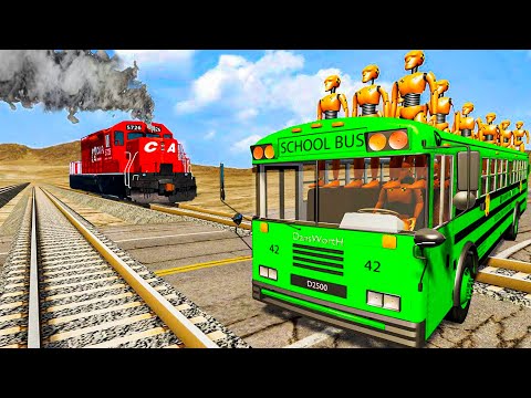 Flatbed Trailer Tractor Truck Rescue Bus | Crowded Bus vs Red Train | BeamNG.Drive Satisfying Video