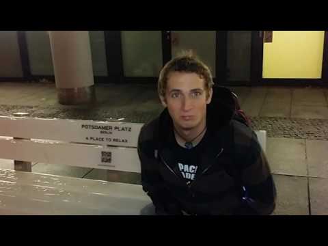 Playing with Red Light-Up Benches (Potsdamer Platz, Berlin, Germany)