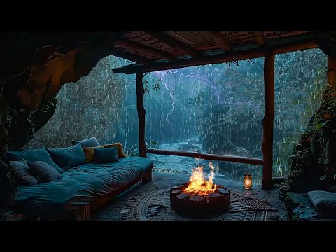 Heavy Rain & Thunder Sounds in Jungle Cabin Porch with Fire| Sleep, Relax, Unwind & Calming the Mind