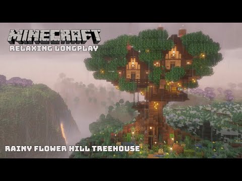 Minecraft Relaxing Longplay | Cozy Treehouse in Rainy Flower Forest (No Commentary)