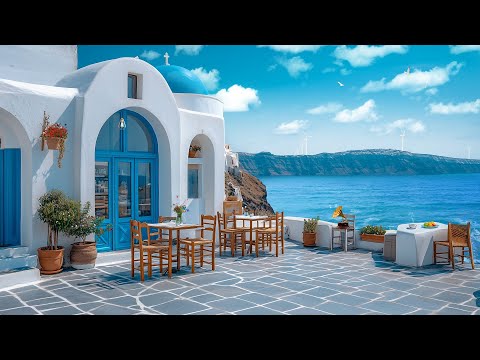 Uplifting Bossa Nova Jazz at a Seaside Café 🌊 Santorini Morning Vibes with Ocean Waves