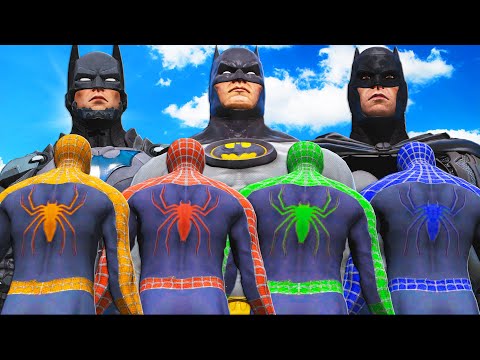Spider-Man, Green Spiderman, Blue Spiderman, Yellow Spiderman VS Team Batman