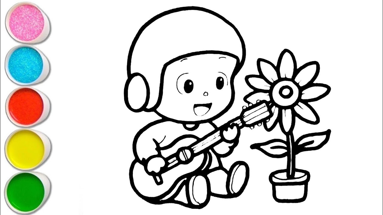 Cute Pocoyo with Guitar and Flower Pot Drawing, Painting and Coloring For Kids and Toddlers