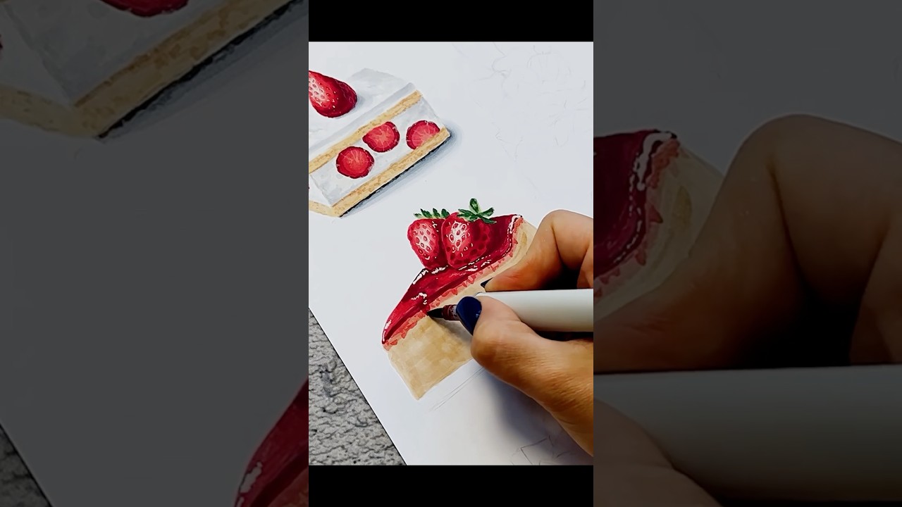 Strawberry cheesecake 🍓Food illustration / Realistic drawing / Markers #shorts