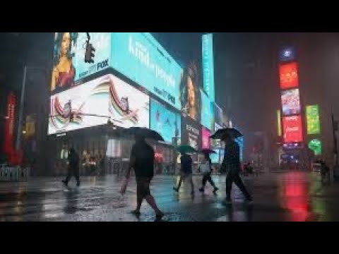 NYC NIGHT FLASH FLOOD WARNING - TIMES SQUARE | NEW YORK HD