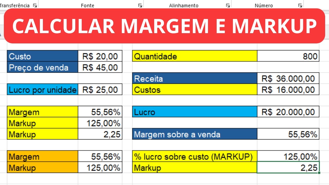 Como calcular margem e markup no Excel