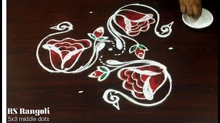 5 dots simple n cute red rose swan rangoli design  || simple &amp; easy swan kolam