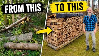 A Guy Cuts and Stacks Firewood