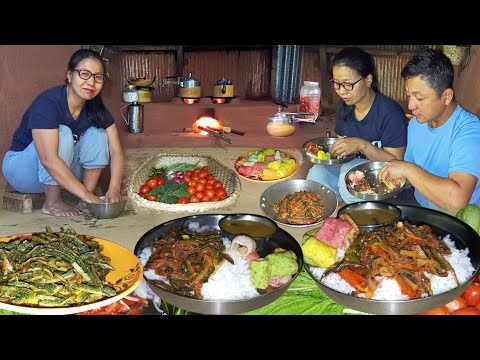 Nepali Style Veg Food Recipes Cooking Eating in Village Kitchen||Moong Dal & Bitter Gourd with Rice