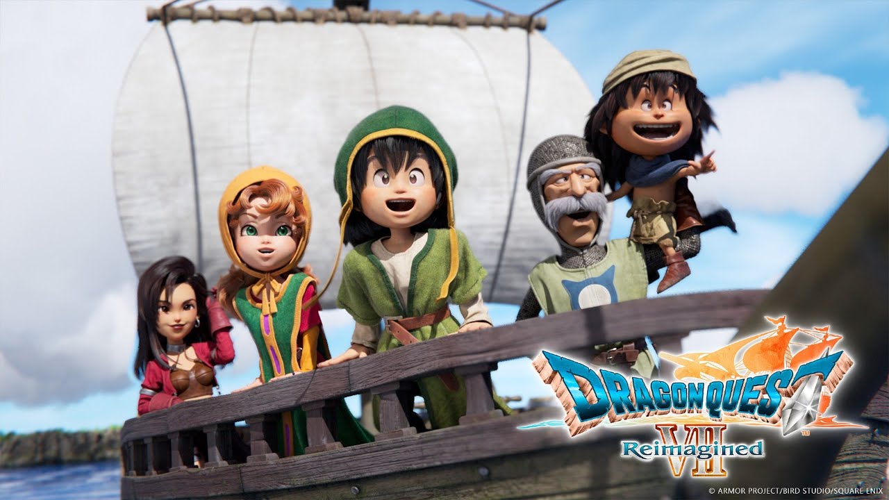 Dragon Quest VII Reimagined announcement trailer key art with heroes and monster.