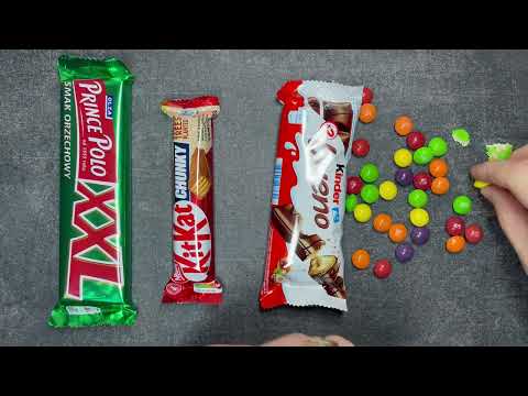 ASMR Candy Unboxing - KitKat, Kinder Bueno, Prince Polo & Skittles on Black Slate | 4K