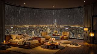 Rainy City Night Jazz 🌧️ Cozy Luxury Bedroom with Fireplace & Skyline Views