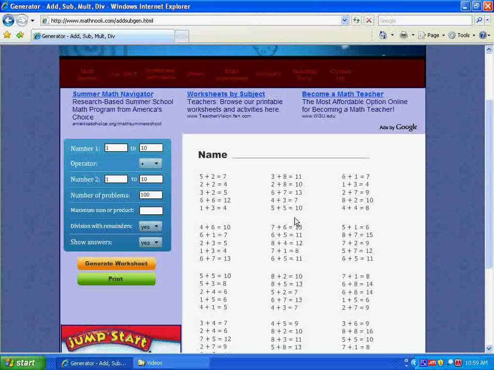 Add, Sub, Mult, Div Worksheet Generator Demo