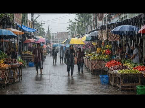 Heavy rain hits traditional Indonesian markets, water overflows onto the streets causing flooding