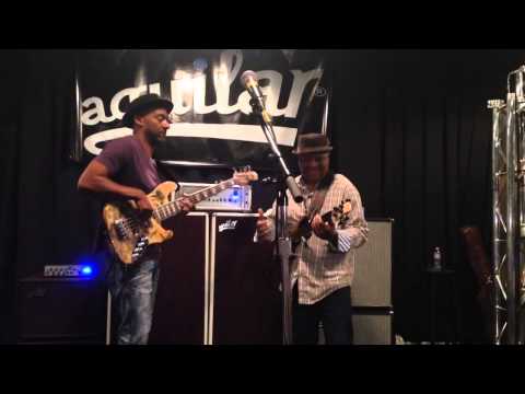 Marcus Miller and Bakithi Kumalo on the Aguilar stage - Bass Player Live 2014