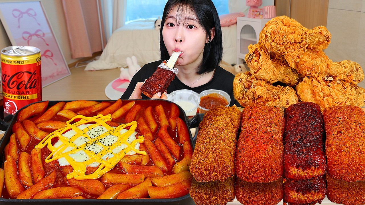 ASMR MUKBANG| 직접 만든 떡볶이 후라이드치킨 명랑핫도그 칠리스 먹방 & 레시피 FRIED CHICKEN AND Rose Tteokbokki EATI