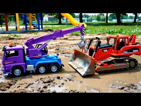 Excavator & Trucks STUCK in MUD! 🚜💦 Crane Truck Rescue Mission | Toy Vehicles for Kids