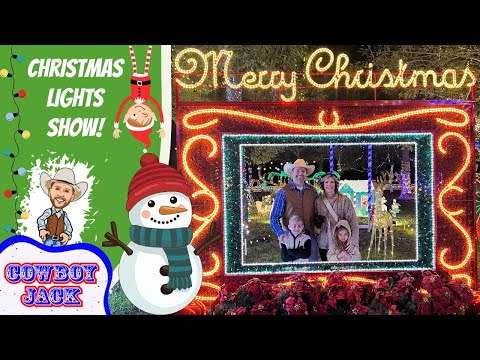 Split image: left green poster says 'Christmas Lights Show!' with a cartoon cowboy and snowman; right shows a family posing before a bright Merry Christmas light frame inside an illuminated park.