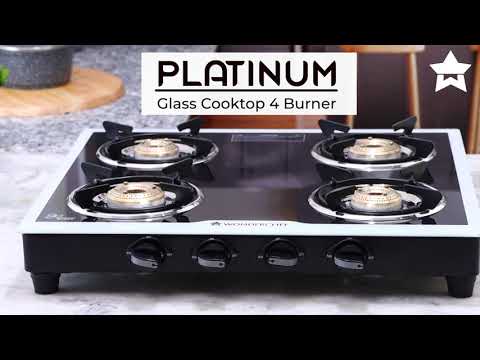 Platinum 4 Burner Manual Glass Cooktop | 6mm Toughened Glass Cooktop | Stainless Steel Drip tray | Anti-Skid Legs | Large Pan support | Manual Ignition | Black steel frame | 2 Year Warranty | Black