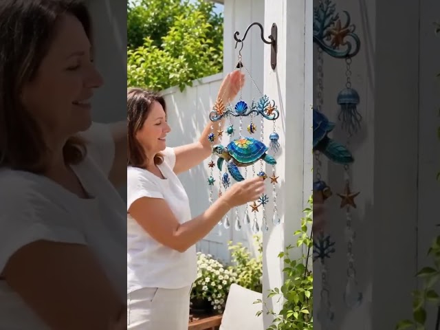 Vídeo relacionado con Campana de viento de cristal marino, 13.78 x 11.81 pulgadas, adorno colgante de madera flotante hecho a mano, sonido relajante melódico, decoración costera bohemia para jardín y patio