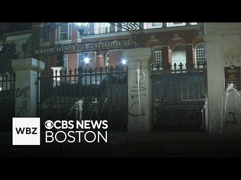 Massachusetts State House entrance splattered with white paint