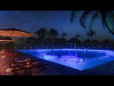 Night Pool Ambience | Relaxing Water ASMR | Crickets Sounds for Sleep