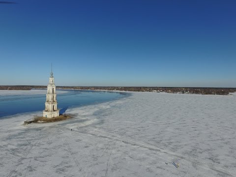 Flooded Belfry Kalyazin,Russia from drone Phantom 3 ,Abandoned church