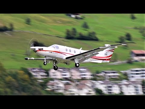 Pilatus PC12 280  takeoff at Buochs Airport