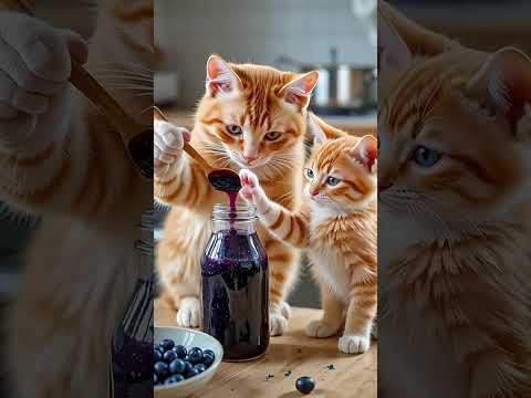 Mother Cat Picking Cherries and Eating with Her Kitten #cat #mamacat #kitten #shorts