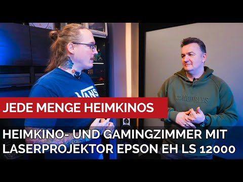 Heimkino- und Gamingzimmer mit EPSON LS 12000 Heimkinoprojektor u. maskierbarer Hochkontrastleinwand