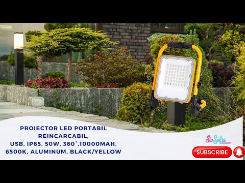 Proiector Led Portabil Reincarcabil, Usb, IP65, 50W, 360°,10000mAh, 6500K, Aluminum, Black/Yellow