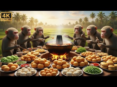 बंदरों ने आज बनाई सैकड़ों कचौरी 😱 | Monkeys Made Hundreds of Kachori Today | ASMR Primitive Cooking