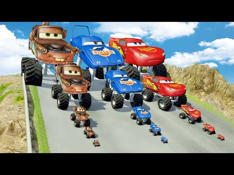 Big & Small McQueen, Mater & King vs Giant Spikes Downhill Race – BeamNG.drive