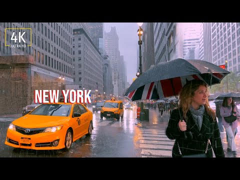 Heavy Rain & Thunderstorms in New York City 4k - NYC Rain Walk - Binaural Rain Sounds - ASMR