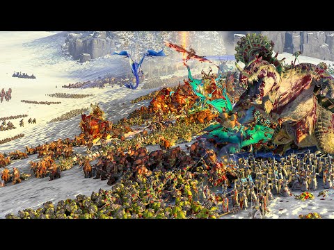 CHAOS DWARFS and OGRE KINGDOMS vs LIZARDMEN and HIGH ELVES - Massive TotalWar Warhammer battle